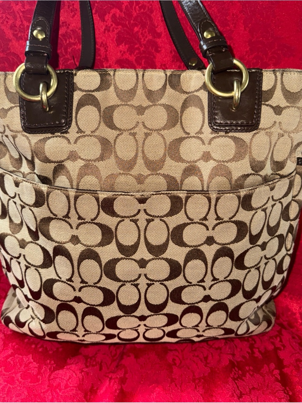 Coach Brown Signature Canvas Tote with Dark Brown Leather Trim - Picture 7 of 12